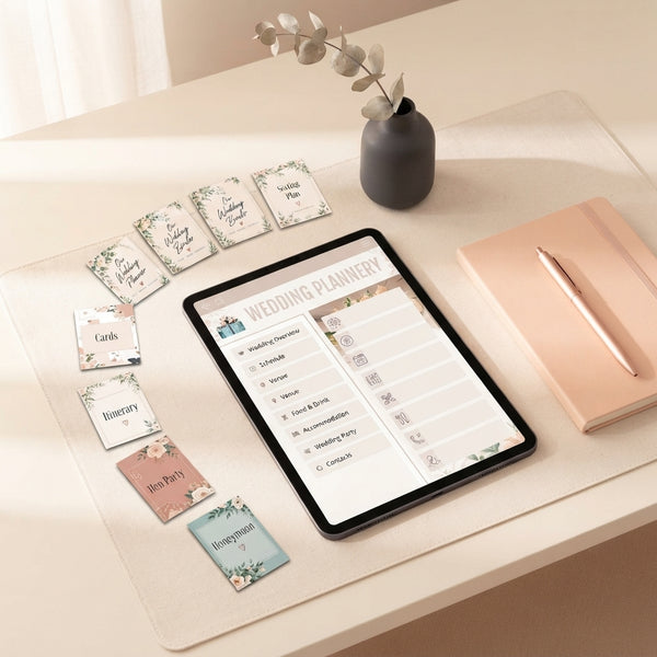 A clean, organized desk setup with a tablet displaying digital wedding planning tools, featuring soft cream and blush tones.