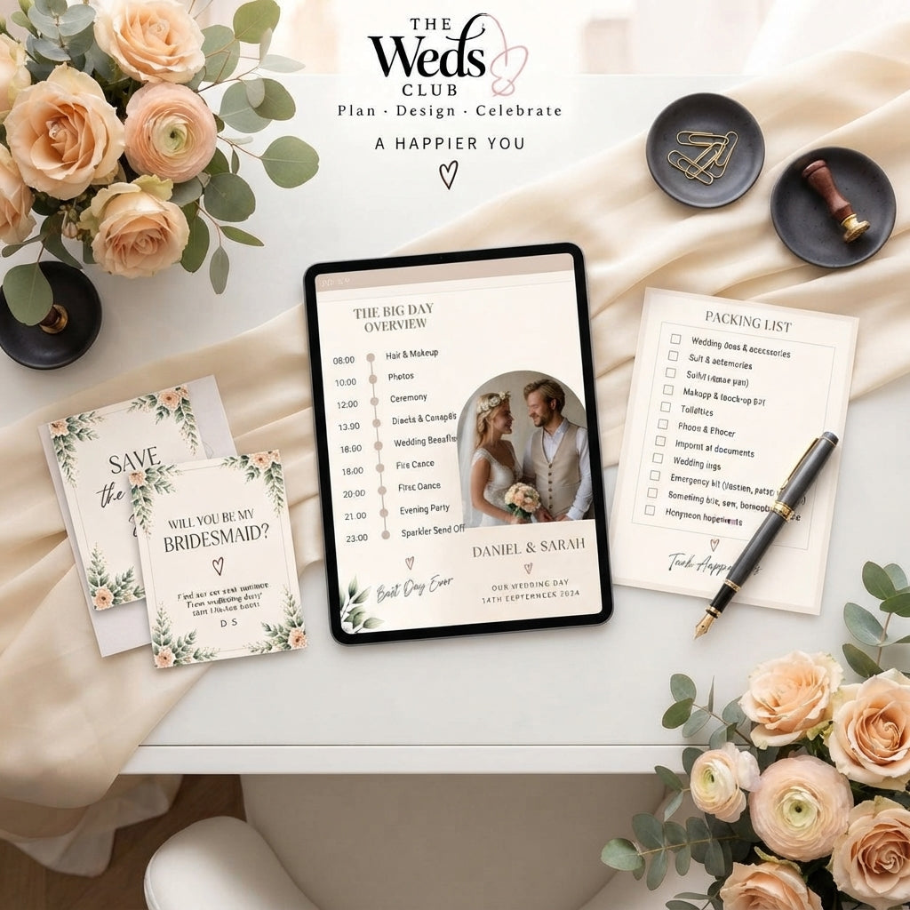 A digital wedding planner bundle displayed on a desk with elegant stationery, floral accents, and organized planning template