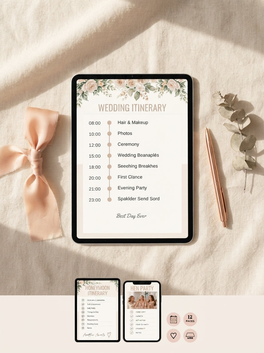 A premium digital wedding planner displayed on a tablet, styled with rose-gold stationery and floral accents on a cream surfa